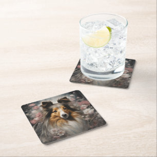 Flower Dog Breed Portraits 15 Square Paper Coaster