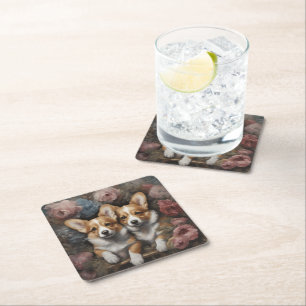 Flower Dog Breed Portraits 5 Square Paper Coaster