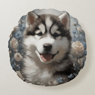 Flower Dog Breed Portraits 7 Round Cushion