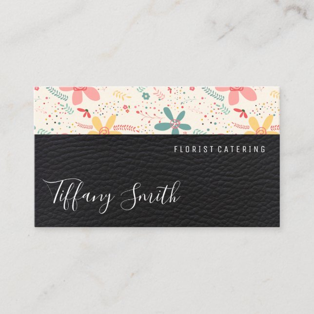 Flower Doodles  | Leather Business Card (Front)