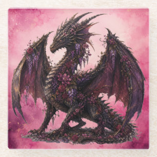 Flower Dragon Botanical Fantasy Dragon Glass Coaster
