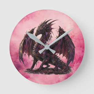 Flower Dragon Botanical Fantasy Dragon Round Clock