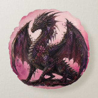Flower Dragon | Botanical Fantasy Dragon Round Cushion