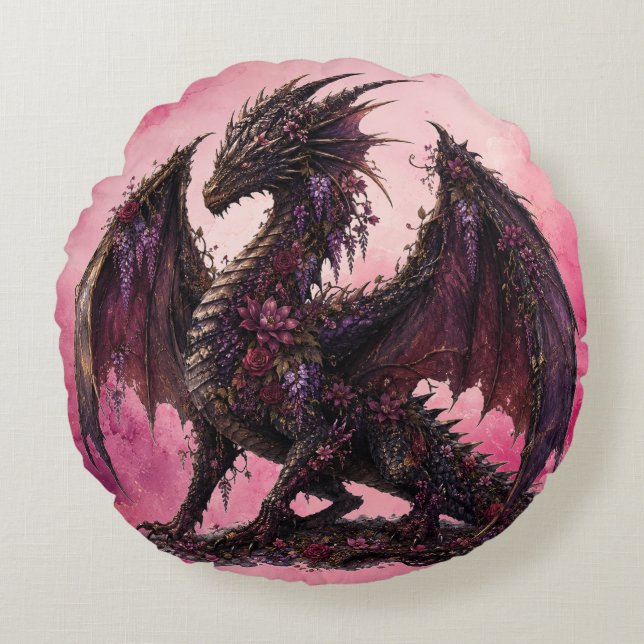 Flower Dragon | Botanical Fantasy Dragon Round Cushion (Front)