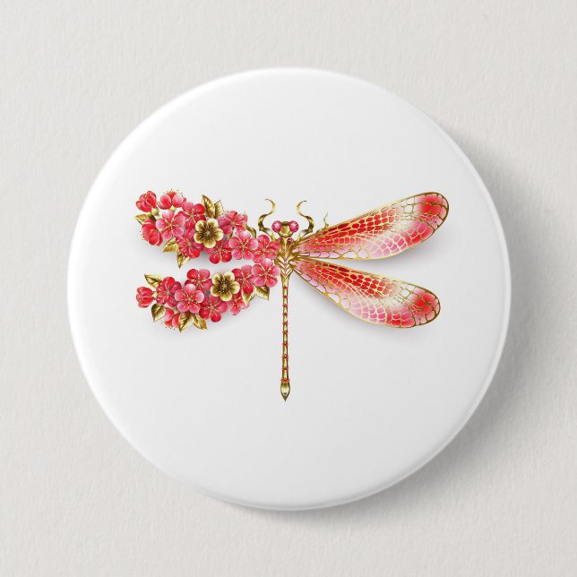 Flower dragonfly with jewellery sakura 7.5 cm round badge (Front)