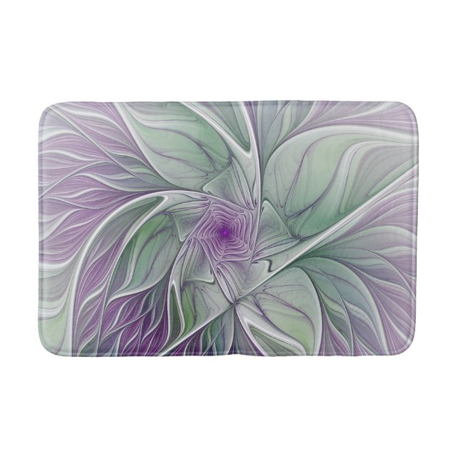 Flower Dream, Abstract Purple Green Fractal Art Bath Mat (Front)