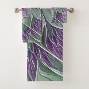 Flower Dream, Abstract Purple Green Fractal Art Bath Towel Set