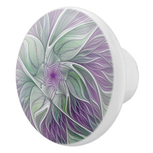 Flower Dream, Abstract Purple Green Fractal Art Ceramic Knob