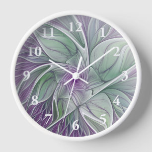 Flower Dream, Abstract Purple Green Fractal Art Clock