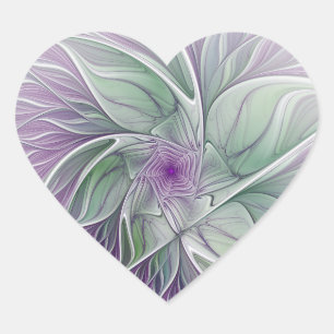 Flower Dream, Abstract Purple Green Fractal Art Heart Sticker