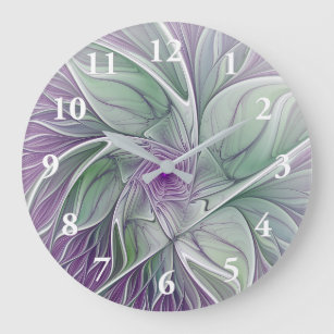 Flower Dream, Abstract Purple Green Fractal Art Large Clock