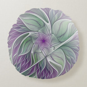 Flower Dream, Abstract Purple Green Fractal Art Round Cushion