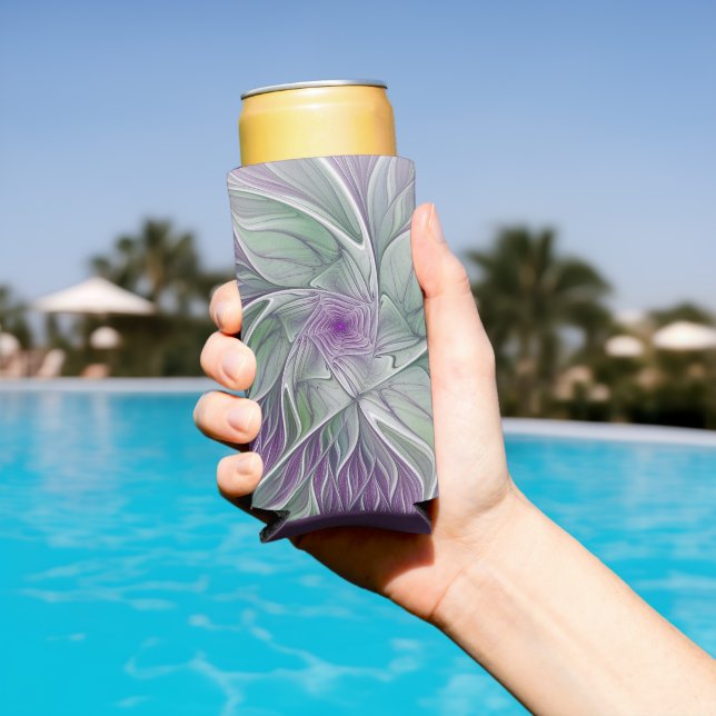 Flower Dream, Abstract Purple Green Fractal Art Seltzer Can Cooler (In Situ Pool)