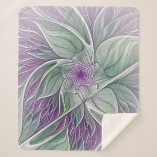 Flower Dream, Abstract Purple Green Fractal Art Sherpa Blanket