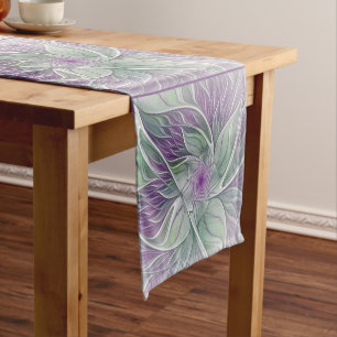 Flower Dream, Abstract Purple Green Fractal Art Short Table Runner