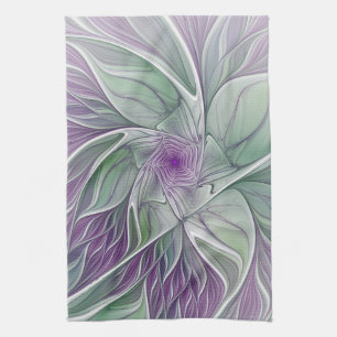 Flower Dream, Abstract Purple Green Fractal Art Tea Towel