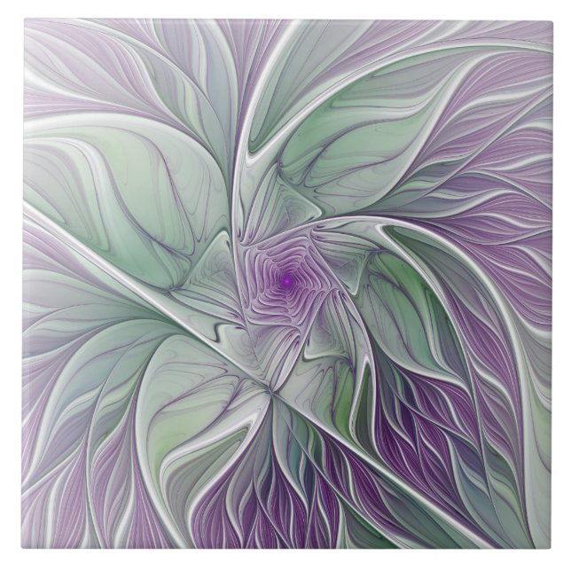 Flower Dream, Abstract Purple Green Fractal Art Tile (Front)