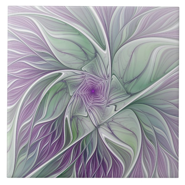 Flower Dream, Abstract Purple Green Fractal Art Tile (Front)