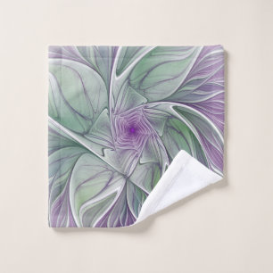 Flower Dream, Abstract Purple Green Fractal Art Wash Cloth