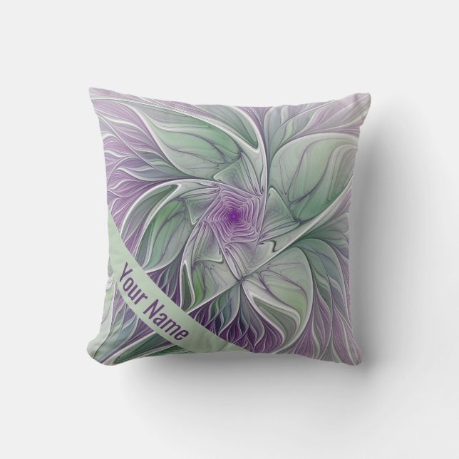Flower Dream, Abstract Purple Green Fractal Name Cushion (Front)
