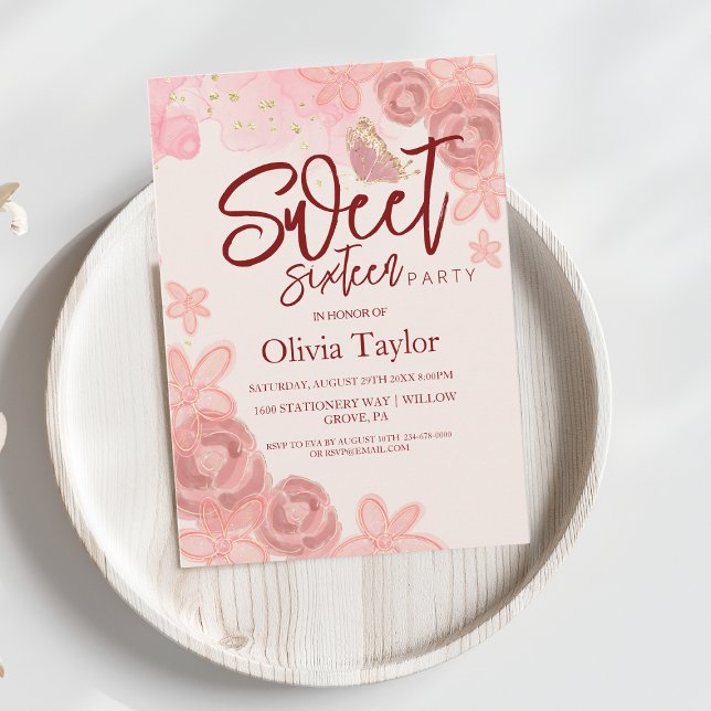 Flower elegant pink watercolor modern Sweet 16  Invitation (Creator Uploaded)
