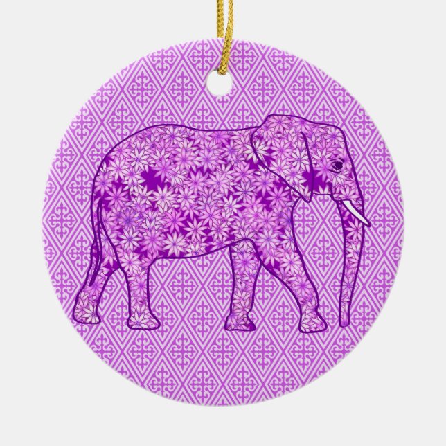 Flower elephant - amethyst purple ceramic tree decoration (Front)
