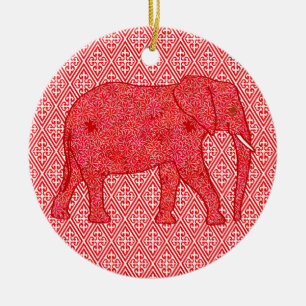 Flower elephant - deep red and coral ceramic tree decoration