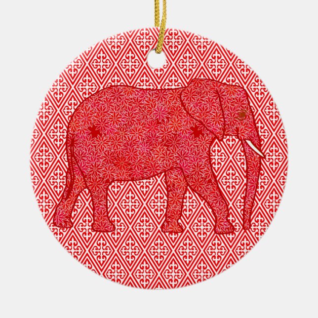 Flower elephant - deep red and coral ceramic tree decoration (Front)