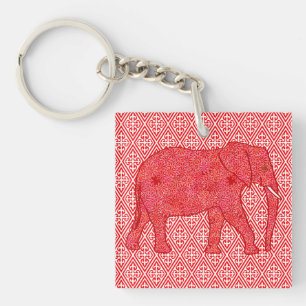 Flower elephant - deep red and coral key ring
