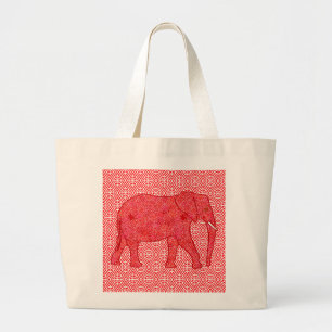 Flower elephant - deep red and coral large tote bag