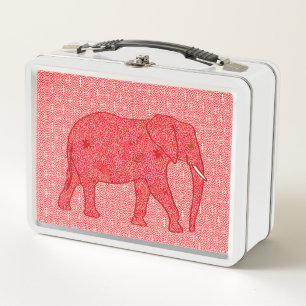 Flower Elephant, Deep Red and Coral Metal Lunch Box