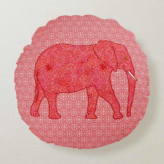 Flower elephant - deep red and coral round cushion (Front)
