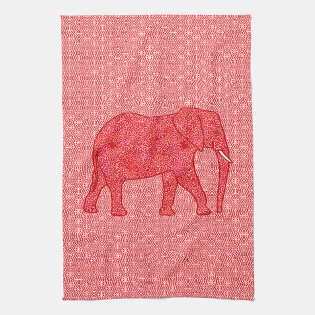 Flower elephant - deep red and coral tea towel (Vertical)