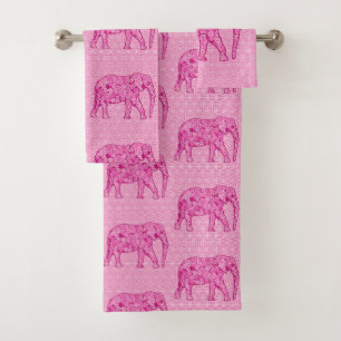 Flower Elephant, Fuchsia and Pastel Pink  Bath Towel Set