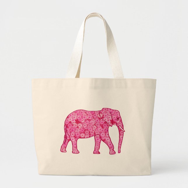 Flower elephant - fuchsia pink large tote bag (Front)