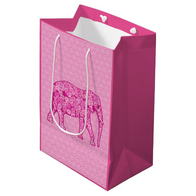Flower elephant - fuchsia pink medium gift bag (Front Angled)