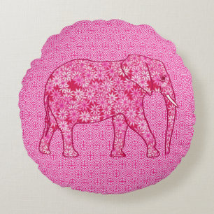 Flower elephant - fuchsia pink round cushion
