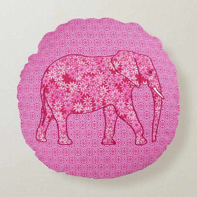 Flower elephant - fuchsia pink round cushion (Front)