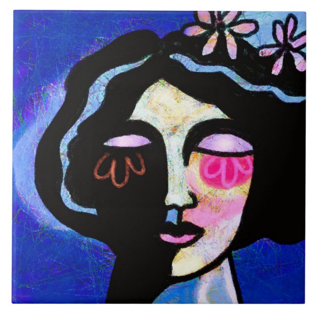 Flower Face Abstract Digital Portrait of a Woman Tile (Front)