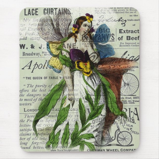 Flower Fairy and Vintage Newspaper Collage Mouse Pad (Front)
