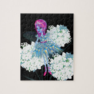 Flower Fairy Art by LeahG blue pink black white Jigsaw Puzzle