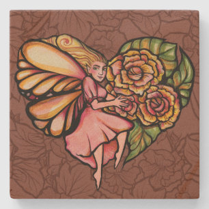 Flower Fairy Garden Heart Flowers Fairies Stone Coaster