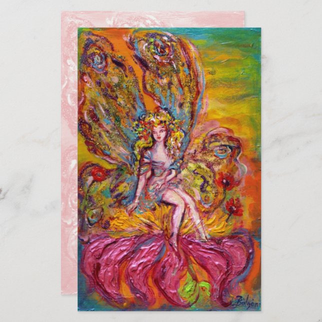 FLOWER FAIRY ON IRIS Pink Fantasy Stationery (Front/Back)