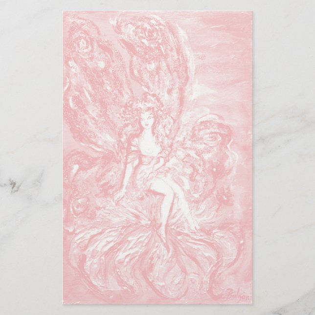 FLOWER FAIRY ON IRIS Pink White Fantasy Stationery (Front)