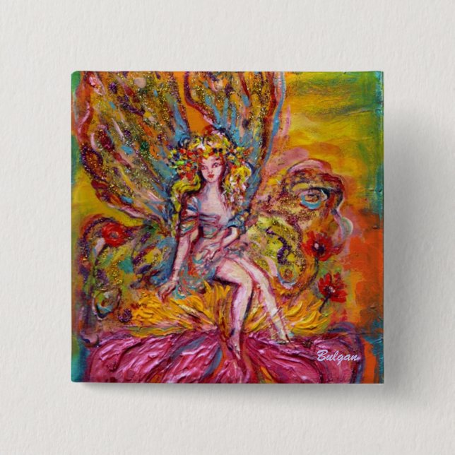 FLOWER FAIRY ON THE PINK IRIS fantasy 15 Cm Square Badge (Front)