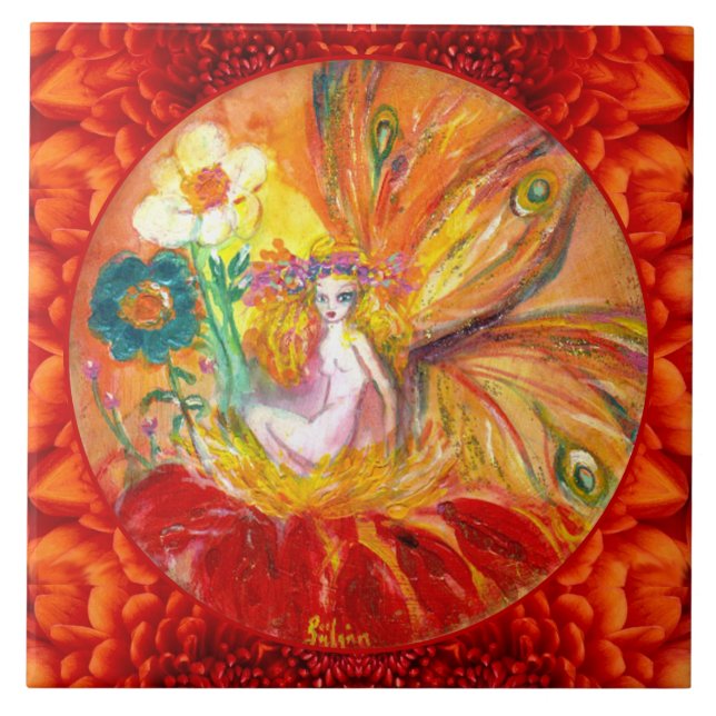 FLOWER FAIRY Red Yellow Fantasy  Tile (Front)