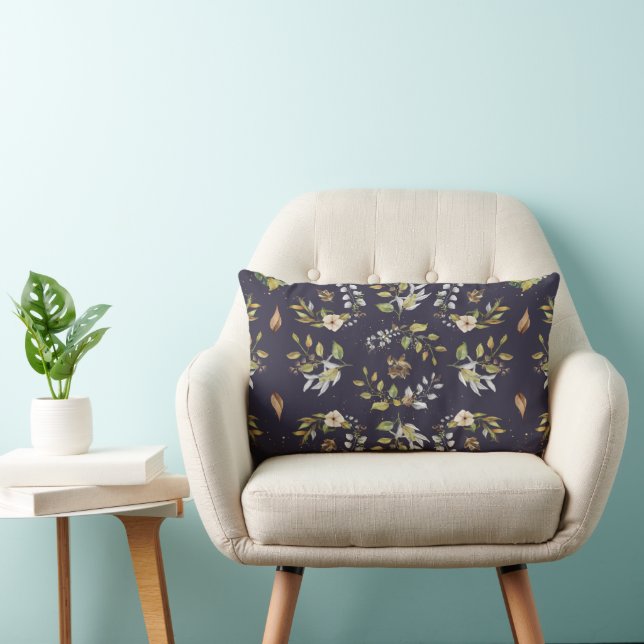 Flower Fall Seamless Cream, Sage, Navy Blue Lumbar Cushion (Chair)
