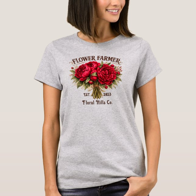 Flower Farmer Vintage Peony Bouquet Custom T-Shirt (Front)