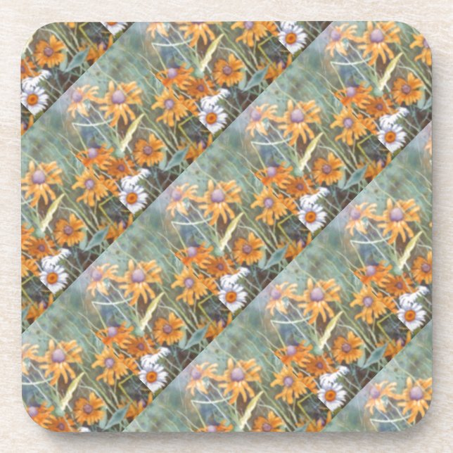 "Flower Field #1 Tiled Pattern" Floral Coaster Set (Front)