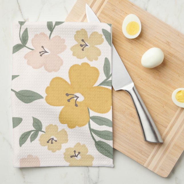Flower Fields Floral - Cheerful Yellow & Pink Tea Towel (Quarter Fold)